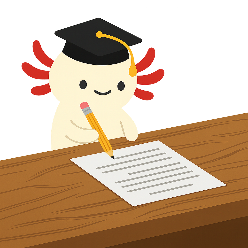 Axolotl mascot completing a worksheet with pencil